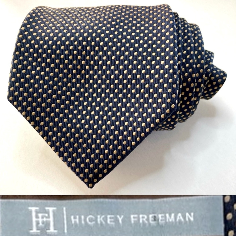 Hickey Freeman Black & Butter Yellow Dotted Classic Heavy Silk Tie 3.5” 59”